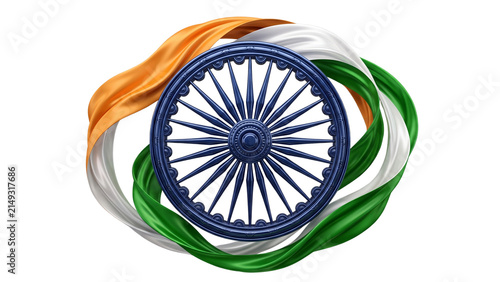 Ashoka Chakra with Indian Tricolor Silk Ribbon on White Background