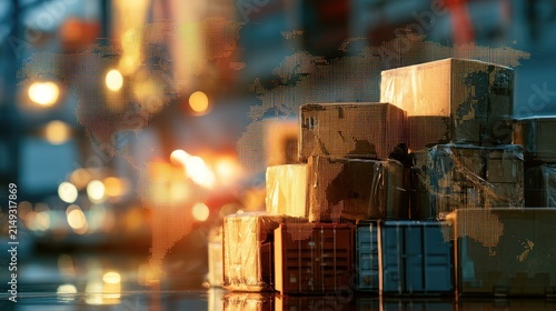 Export commerce activity featuring packaged goods prepared for overseas clients highlighting revenue potential and geopolitical risks close up global theme vibrant Double exposure world map backdrop. 
