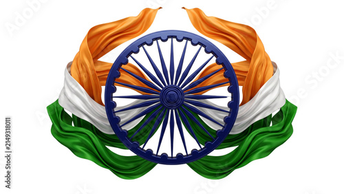 Indian Ashoka Chakra with Tricolor Fabric Waving on White Background