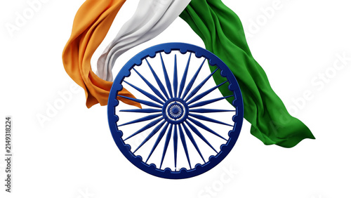 3D Ashoka Chakra with Waving Tricolor Fabrics on White Background