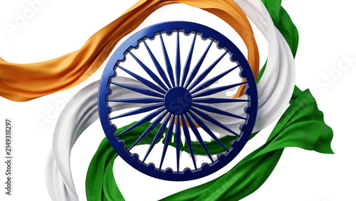 Ashoka Chakra with Indian Tricolor Flowing Ribbons on White Background