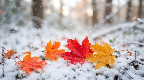Vibrant autumn maple leaves resting on a fresh layer of early winter snow during a light snowfall
