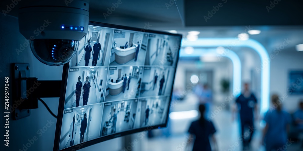 Obraz premium Modern CCTV security camera system displaying live hospital feeds, corridor monitoring and multi screen surveillance, focusing on healthcare safety and facility protection