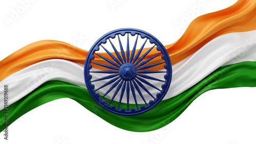 Waving Indian Flag with Ashoka Chakra on White Background