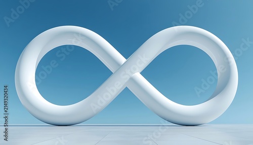Three dimensional white infinity symbol with smooth tubular reflective surface on gradient blue background, modern sculptural abstract composition symbolizing endlessness continuity eternity and bound