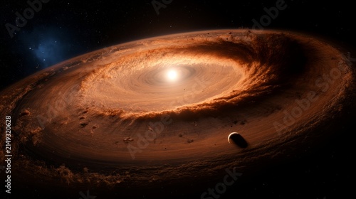 Warped protoplanetary disk around star with glowing rings, dark space background, planet formation concept
