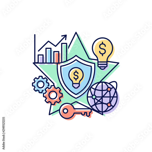 Modern business strategy concept illustration featuring financial growth charts, security shield, global networking, and creative money-making ideas