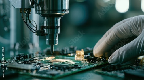 Printed Circuit Assembly solder connection manufacturing automation quality assurance focus on clean production facility vibrant Composite electronics assembly bench. 