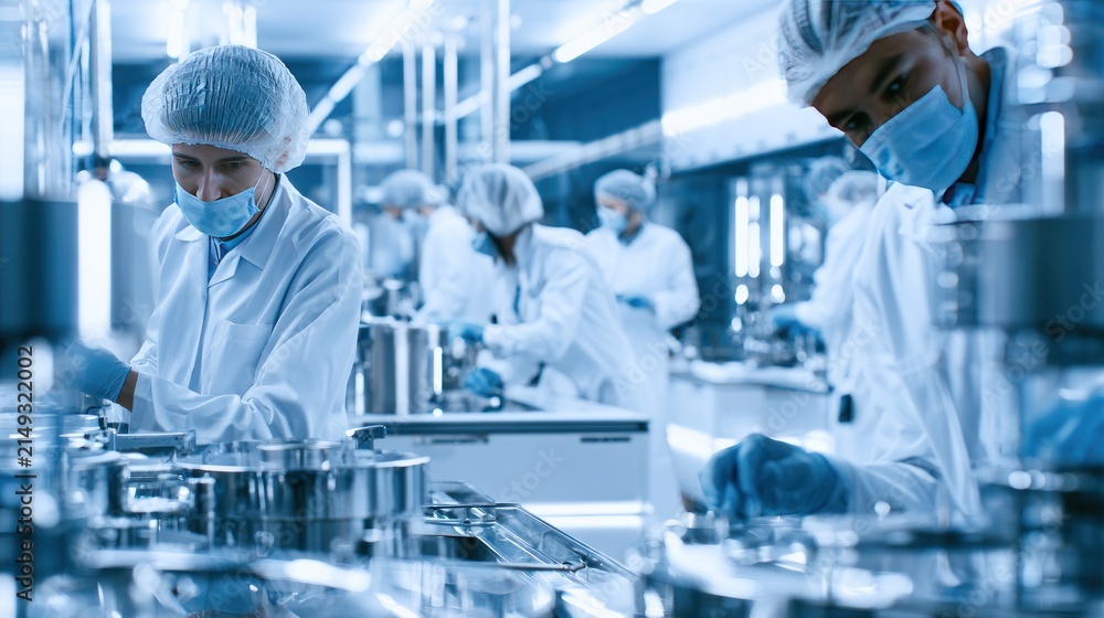 Fototapeta premium Modern science laboratory with researchers in protective gear