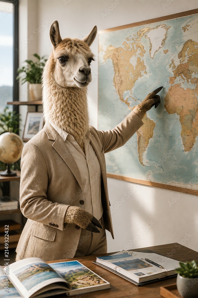 Naklejka premium Llama in Business Suit Pointing at World Map in Office