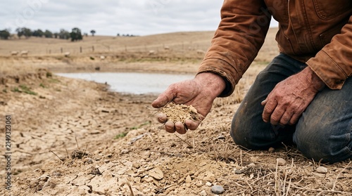 Farmer examines dry soil beside a depleted farm dam