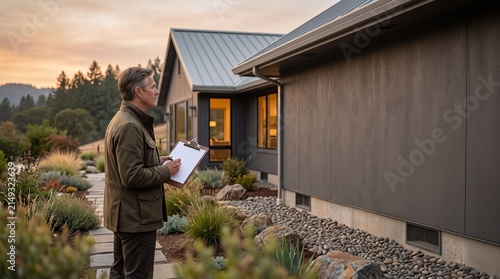 Insurance assessor reviews a wildfire ready home exterior