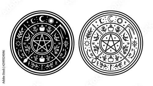 Obraz na plátne Mystical Symbols Circle: Two intricate circular emblems feature a central pentagram surrounded by astrological and botanical motifs, presented in both stark black and white and delicate line art