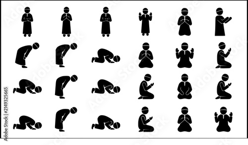Canvas Print Minimal Muslim Prayer Silhouette Vector Icon Set Featuring Islamic Worship Poses