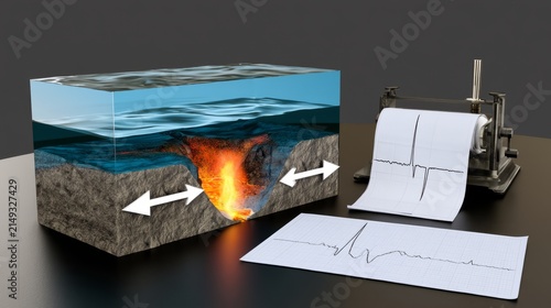 Oceanic crust spreading rift model, rock fracture, and seismograph roll, sudden tectonic event concept.
