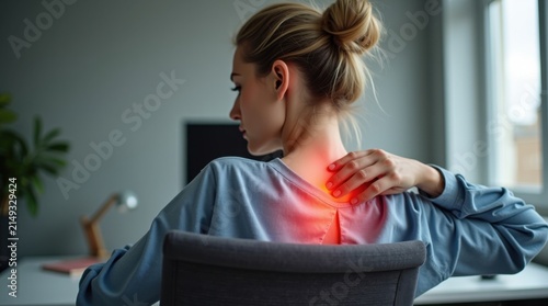 Mujer sentada en una silla de oficina frotándose los músculos del hombro, con expresión de cansancio