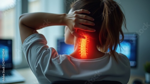 Mujer estirando el cuello tras trabajar frente a la computadora, con la mano tocándose los músculos del cuello agarrotados
