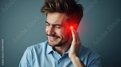 Hombre joven con dolor de oído tocándose la oreja, zona de la oreja resaltada en rojo, concepto de concienciación médica