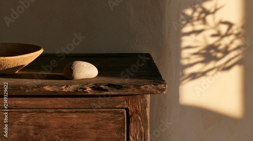Worn wooden cabinet edge with smooth river stone, calm and accessible workspace concept
