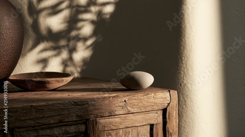 Worn wooden cabinet edge with smooth river stone, calm and accessible workspace concept
