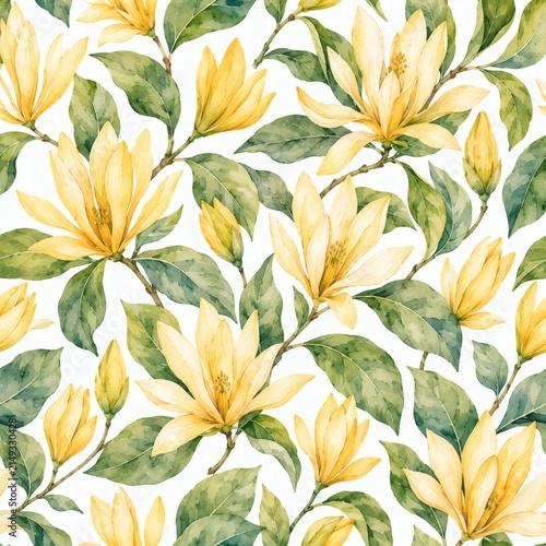 Champaca (Cempaka) seamless pattern watercolor with green leaves on white background