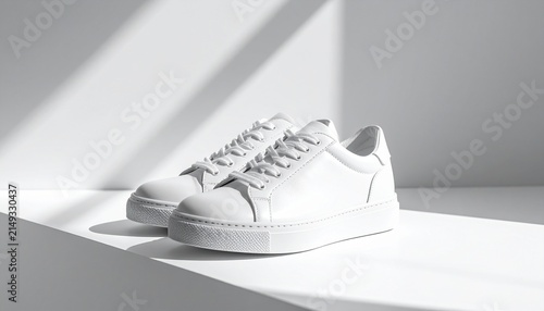 Minimalist white sneakers with dramatic shadow on light grey surface
