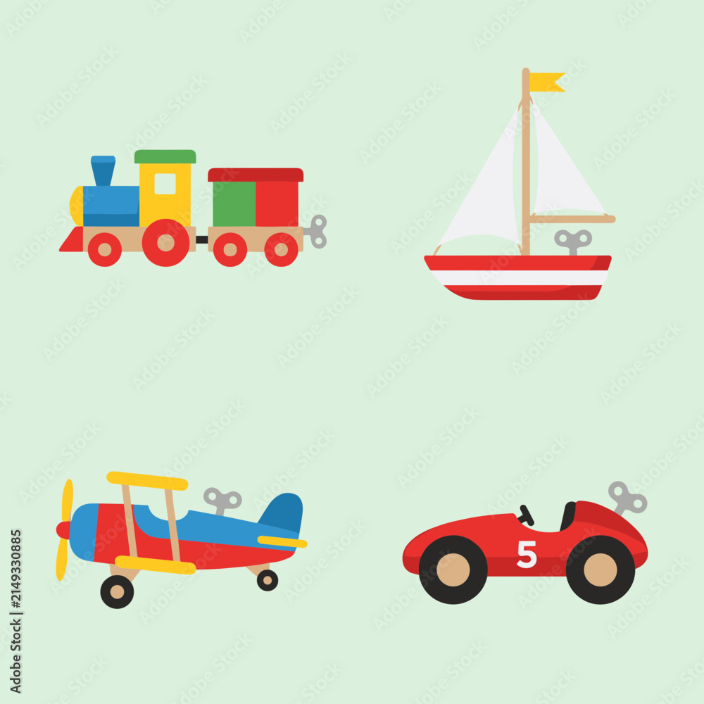 Fototapeta premium Vintage Wind Up Toy Set Including Train Sailboat Airplane and Race Car Vector Icons