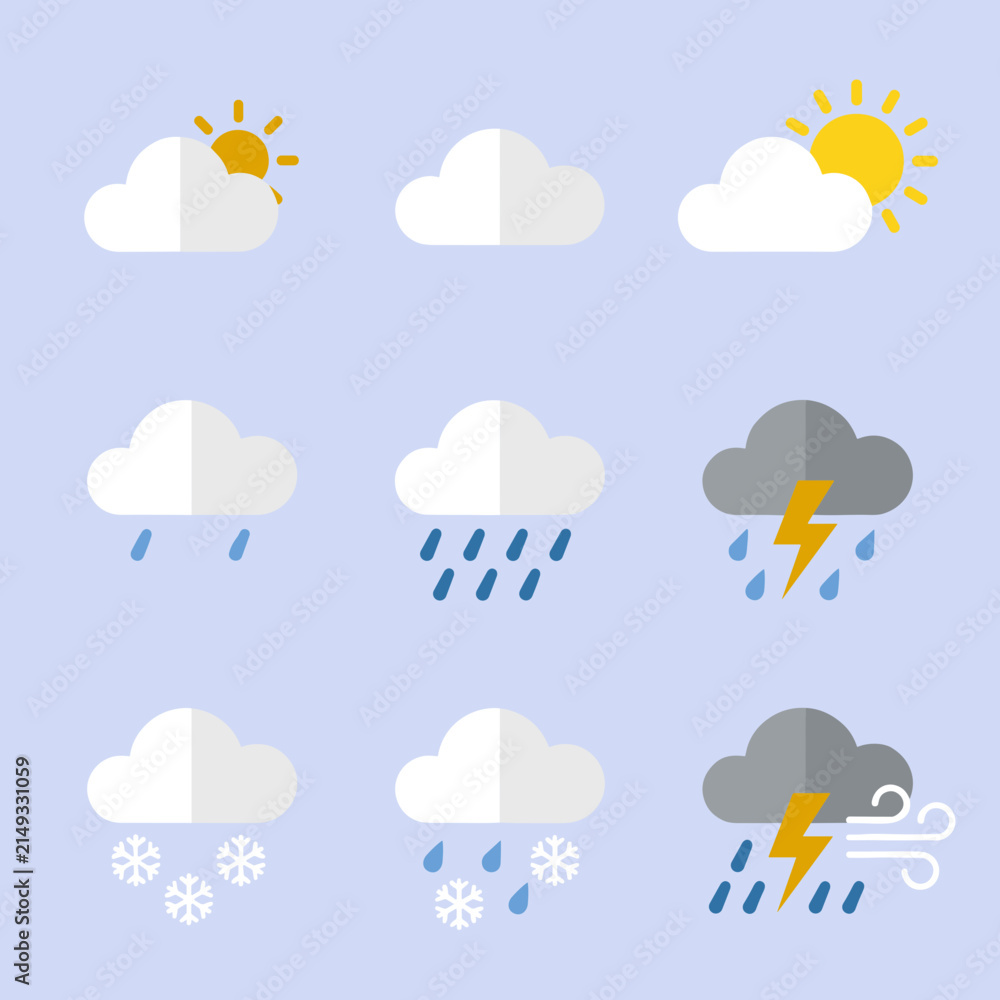 Obraz premium Weather forecast flat design icons representing different climate conditions
