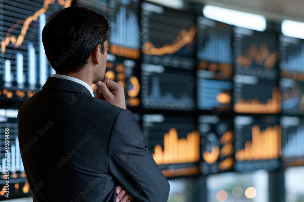 Fototapeta premium Financial trader watching stock market charts and data wall screens