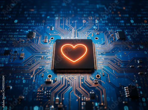 Glowing heart symbol on a computer processor chip