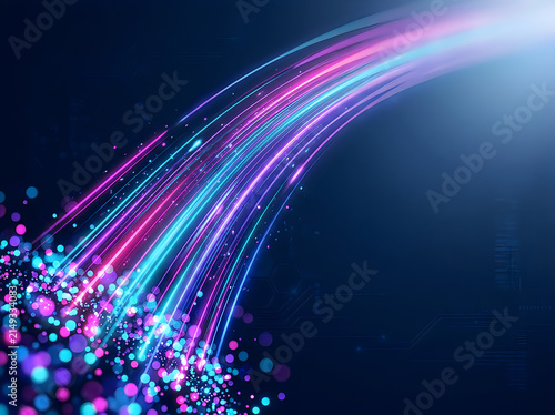 Abstract glowing light trails with bokeh particles on dark background