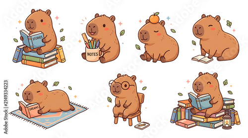 Cute capybara characters reading books isolated on transparent background for school theme