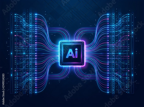 Artificial Intelligence Microchip with Glowing Digital Data Streams