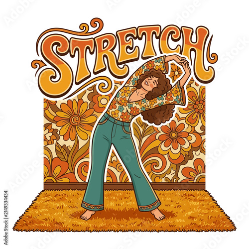 Retro Woman Stretching in Floral Room