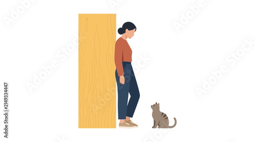 Woman and Cat Near Doorway, Domestic Companionship and Home Life