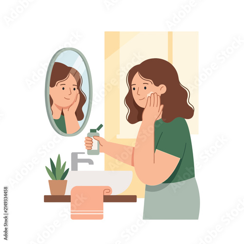 Woman Applying Skincare Product in Bathroom