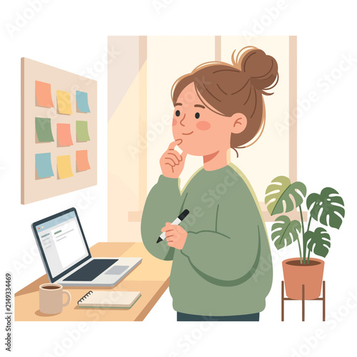 Woman brainstorming at desk with laptop and sticky notes