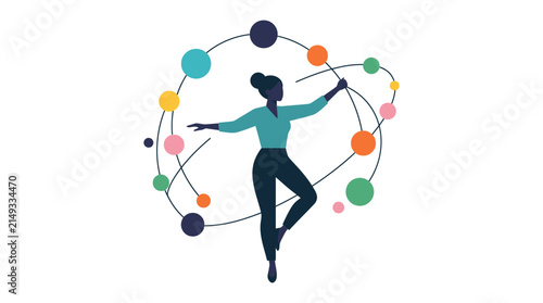 Woman Balancing Colorful Orbs in Abstract Network