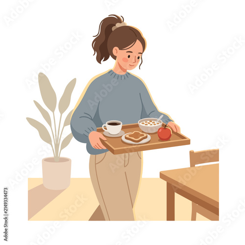 Woman Carrying Breakfast Tray with Cereal, Toast, and Apple