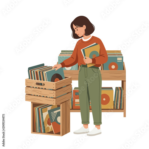 Woman browsing vintage vinyl records in a store