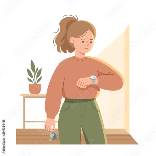 Woman checking watch, holding keys, standing near doorway