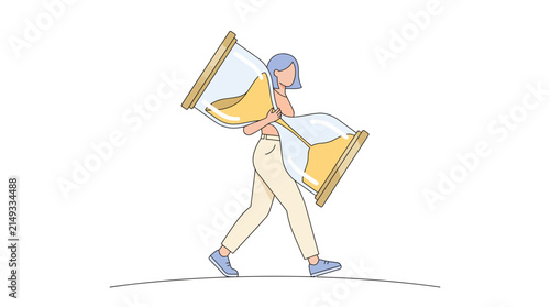 Woman carrying large hourglass, concept of time passing, deadline, urgency