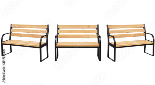 Set of three wooden park benches with metal frames isolated on transparent background image