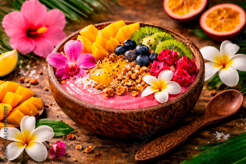 Tropical Smoothie Bowl with Fresh Fruits and Edible Flowers in Wooden Bowl