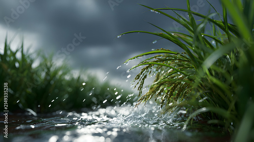 Dramatic Monsoon Storm Over Lush Green Rice Field With Lightning And Rain Splashing Across Muddy Ground