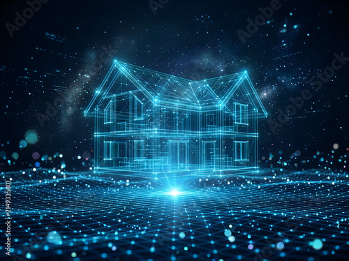 Glowing blue digital wireframe house model on a data grid