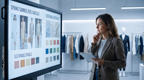 Retail buyer fashion trend seasonal forecast analysis tablet showroom sustainable, thoughtful buyer analyzes seasonal fashion trend forecast on digital screen with apparel rack and color palette