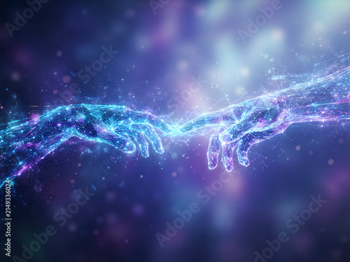 Digital representation of two hands reaching toward each other