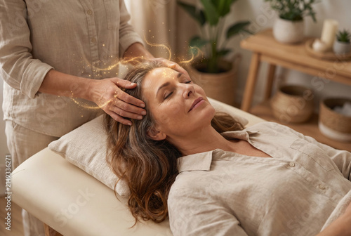 Access Bars Wellness Session Woman Bright Room - AI generated