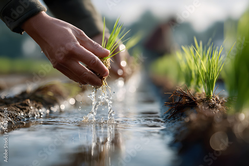 Close Up Hands Planting Fresh Green Rice Seedlings In Wet Muddy Paddy Field